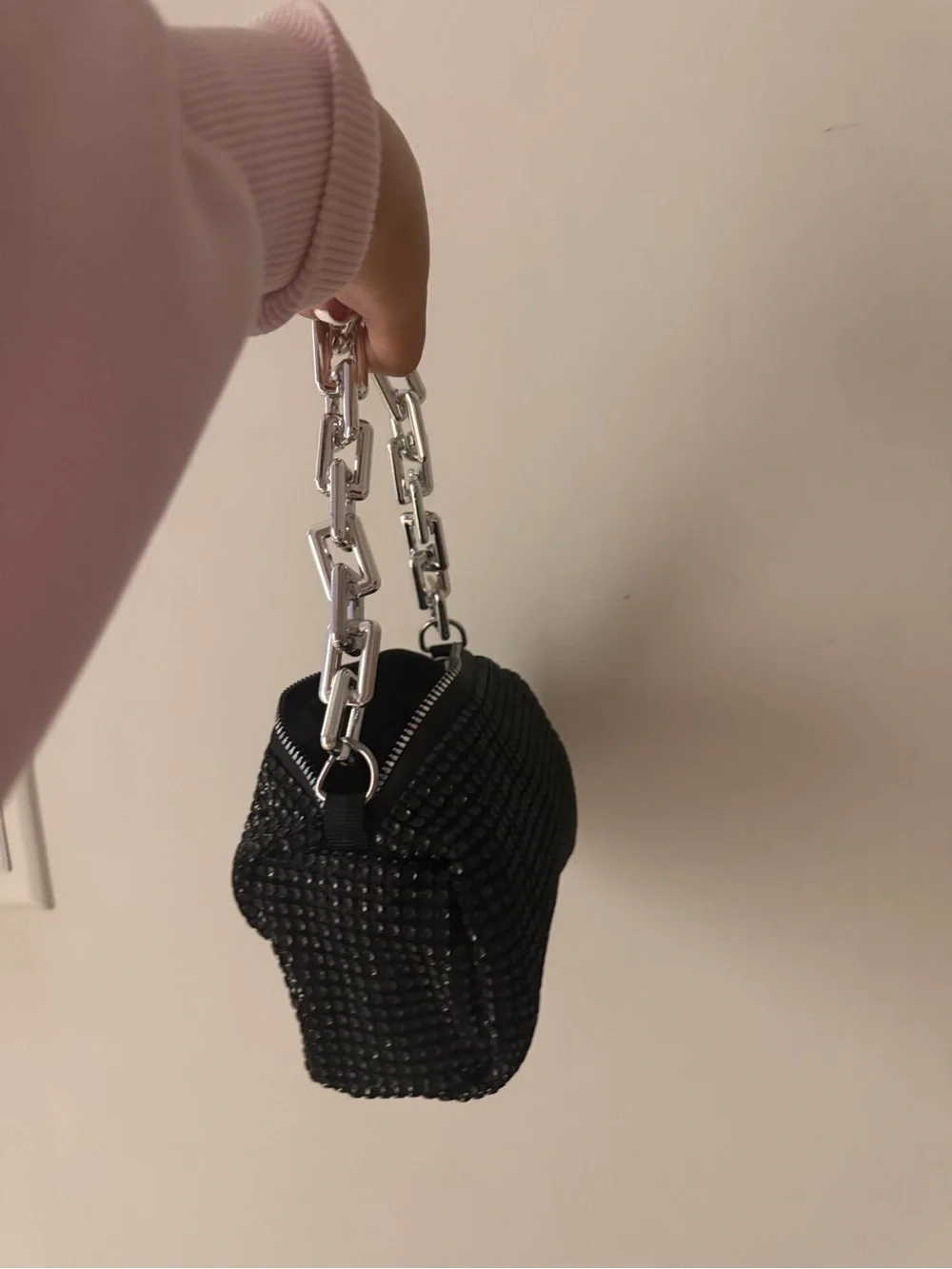 Black Rhinestone Wristlet with Chunky Silver Chain Handle